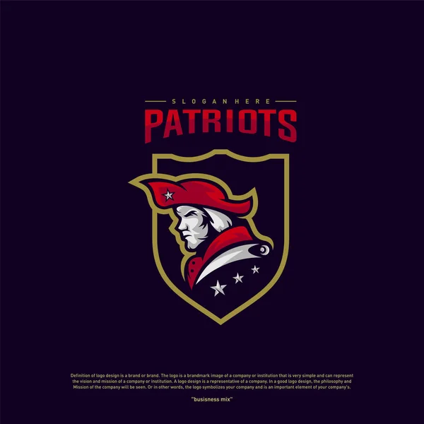 Patriots Logo Design Vector. Cabeça Patriots Logo Design Template. Patriots Shield logo Conceito —  Vetores de Stock