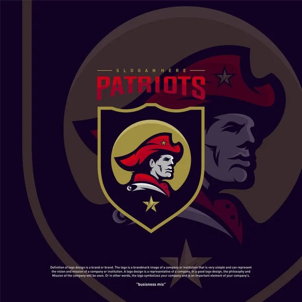 Patriots Logo Design Vector. Cabeça Patriots Logo Design Template. Patriots Shield logo Conceito —  Vetores de Stock