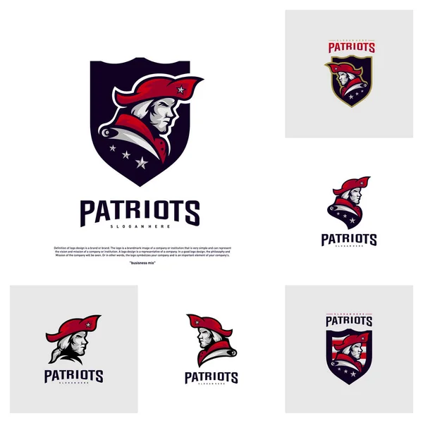 Conjunto de Patriots Logo Design Vector. Plantilla de diseño de logotipo de Head Patriots. Logo Escudo de Patriotas Concepto — Vector de stock