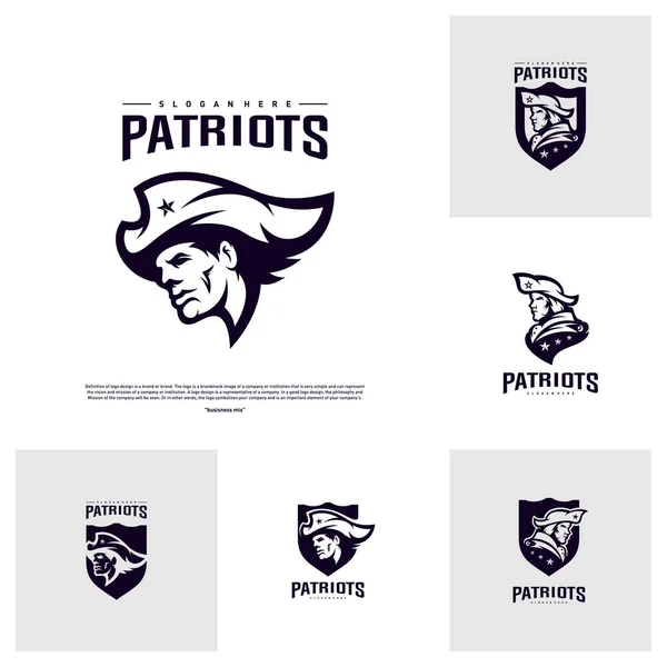 Set of Patriots Logo Design Vector. Head Patriots Logo Design Template. Patriots Shield logo Concept — Stock Vector