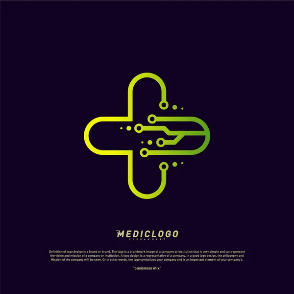 Vector del concepto del diseño del logotipo de la tecnología médica. Plantilla de diseño de logotipo de salud digital rápida colorida — Vector de stock