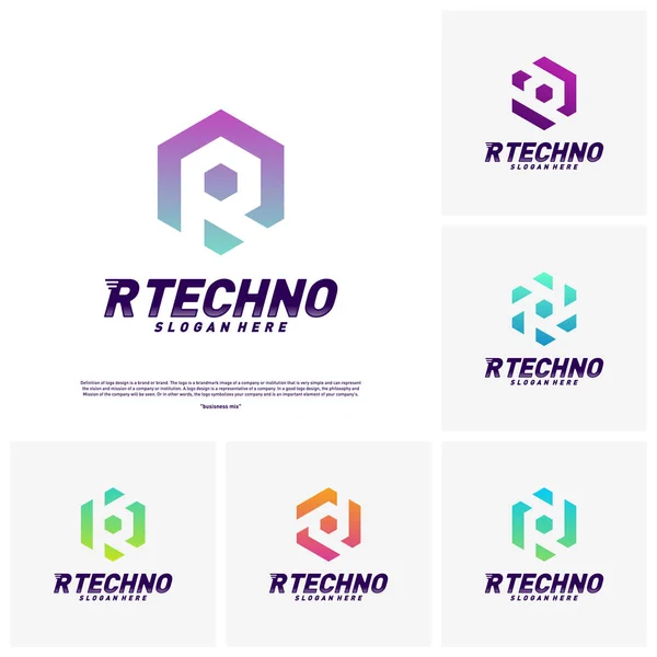 Conjunto de plantilla de diseño de logotipo de letra R abstracta. Signo creativo de hexágono colorido. Inicial R Concepto de logo digital . — Vector de stock