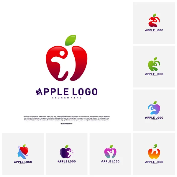 Set von Apfel mit lustigen Menschen gesundes Leben Logo-Konzept. Apple kreative Logo-Vektor-Vorlage. Symbolbild — Stockvektor
