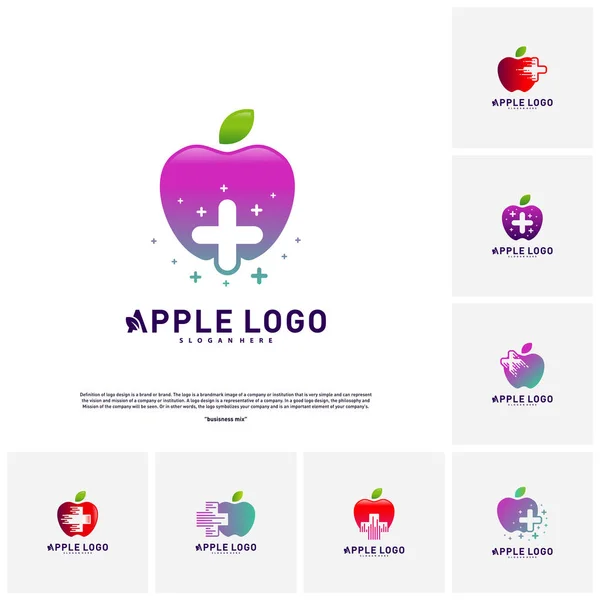 Set von Apfel mit medizinischem plus Logo-Design-Konzeptvektor. Gesundheit Apfel Logo Vektor. Symbolbild — Stockvektor