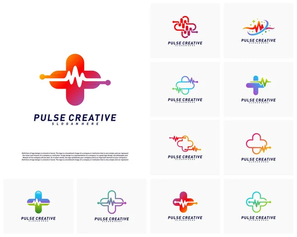 Conjunto de Plus Medical Pulse concepto de diseño del logotipo. Healthcare Pulse vector plantilla logo. Símbolo de icono — Archivo Imágenes Vectoriales