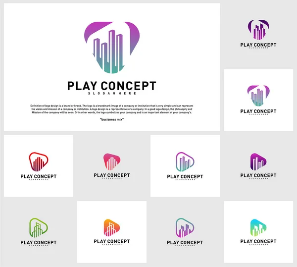 Set von play media city logo design concept. Statistiken spielen Logo-Vorlagenvektor ab. Symbolbild — Stockvektor