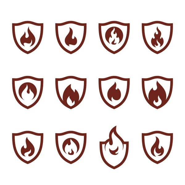 Set Von Fire Shield Logo Design Vector Template Shield Fire — Stockvektor