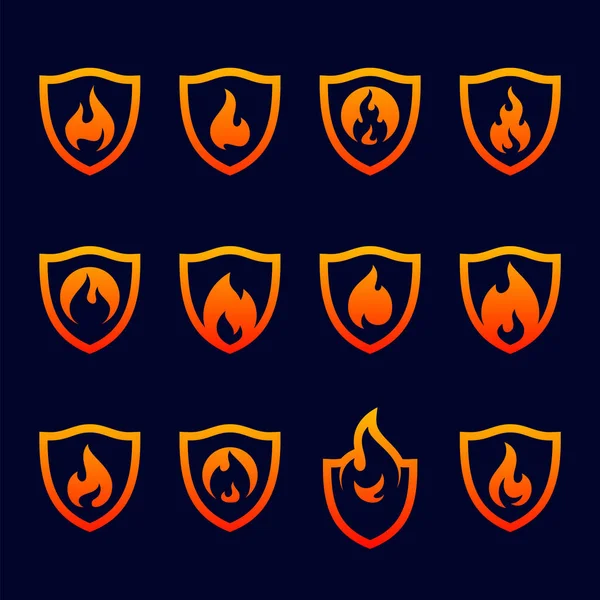 Set Fire Shield Logo Design Vector Template Shield Fire Logo — Stock Vector