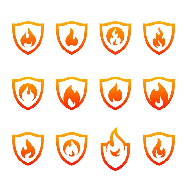 Set Fire Shield Logo Design Vector Template Shield Fire Logo — Stock Vector
