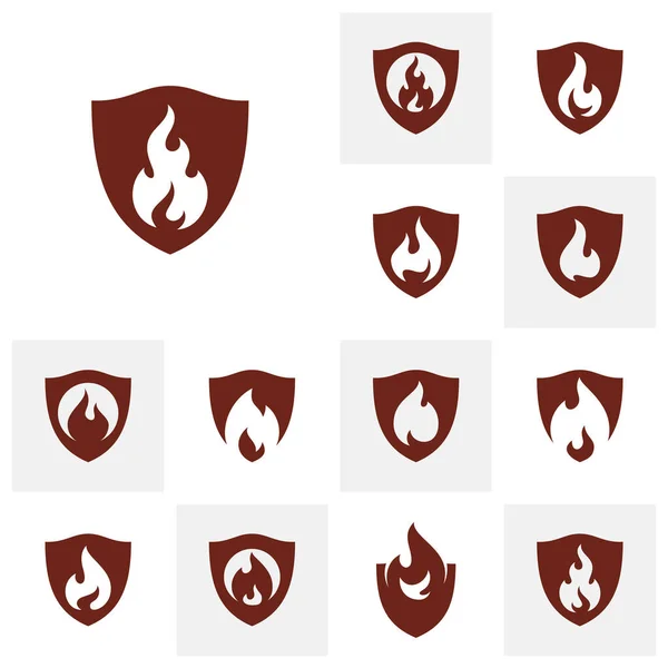 Set Fire Shield Logo Design Vector Template Shield Fire Logo — Stock Vector