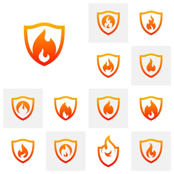 Set Von Fire Shield Logo Design Vector Template Shield Fire — Stockvektor