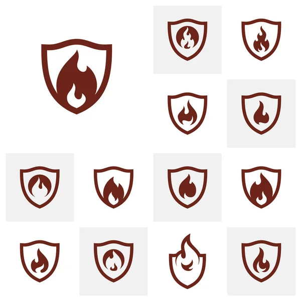 Set Von Fire Shield Logo Design Vector Template Shield Fire — Stockvektor