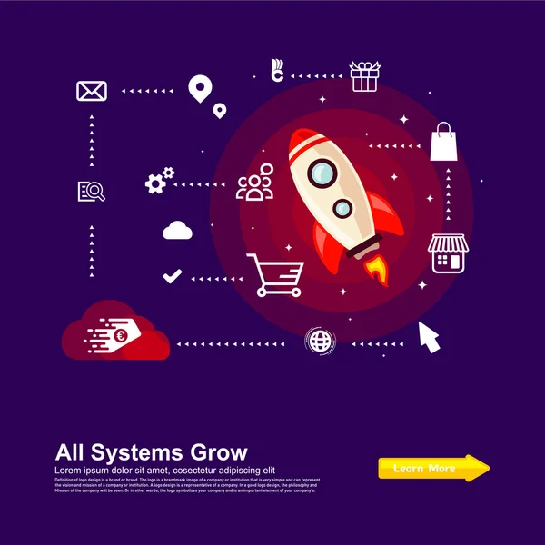 Startup Simple Rocket Diseño Web Diseño Web Sensible Vector Plano — Vector de stock