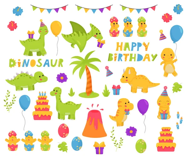 Kawaii vektör dinozorlar çizgi film karakter kümesi. Doğum günü teması. Mutlu doğum günü mektupları. Çocuk odası için çocukça illüstrasyon.