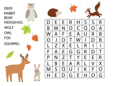Educational game for kids. Word search game. Forest animals.