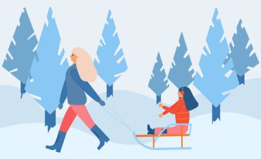 Mother with baby on winter landscape background. Daughter on the sleigh.