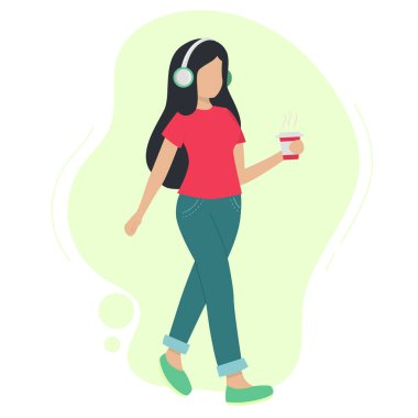 Woman in headphones listening to music while walking.