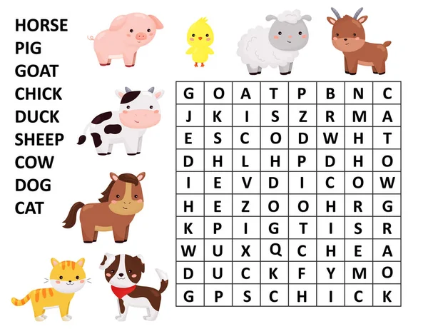 Juego de búsqueda de palabras. Animales de granja de dibujos animados Kawaii. Aprender palabras en inglés . — Vector de stock