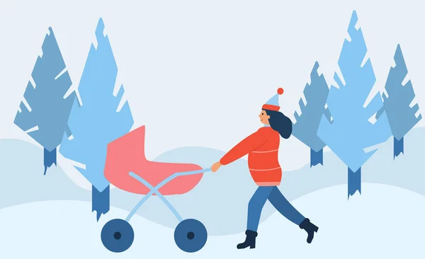 Mère active marchant avec son enfant dans un landau. Paysage d'hiver, parc . — Image vectorielle