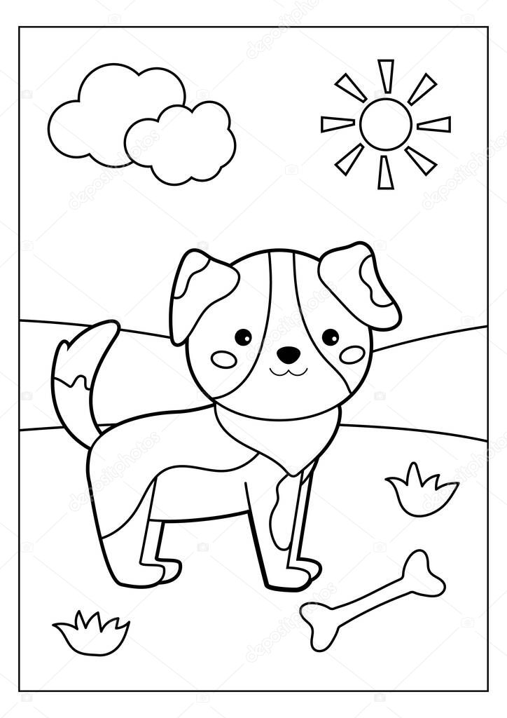 Coloring page for children. Cute cartoon dog with bone. Farm animals. Educational game. Vector illustration.