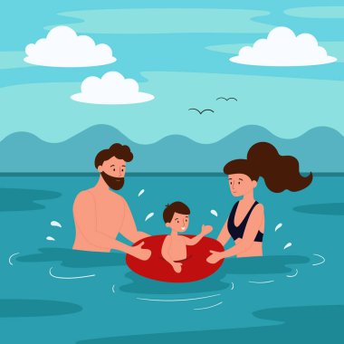 Yaz tatilinde sahilde. Aile denizde yüzüyorlar. Anne ve baba bir çocuğa yüzmeyi öğretir. Düz çizgi film karakterleri.