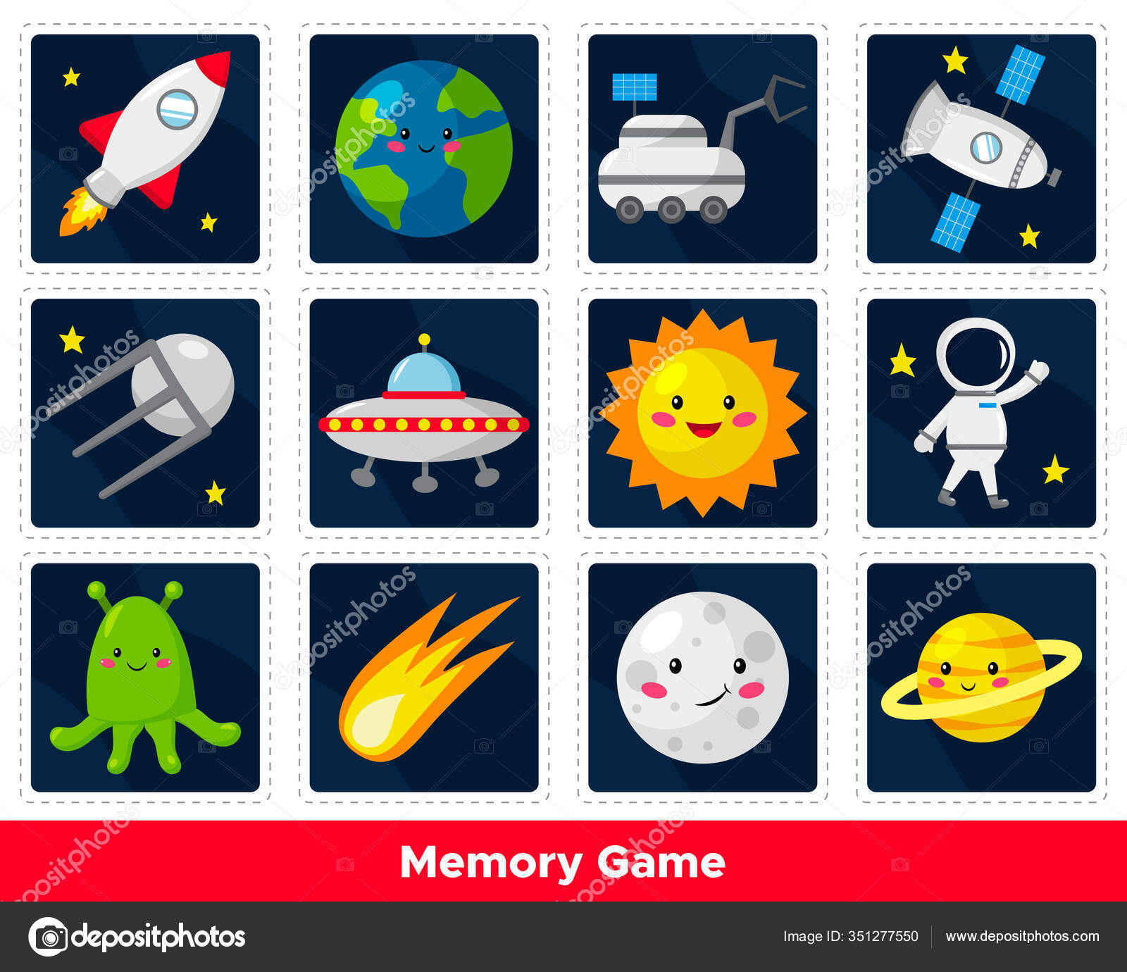 유아원 아이들을 게임입니다 귀엽고 만화같은 우주비행사 Ufo 외계인 태양계 일러스트 스톡 벡터 - ©kristina0702  351277550, image size:1600x1380