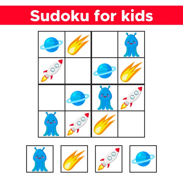 Sudoku Para Niños Lindos Objetos Espaciales Dibujos Animados Cohete Cometa — Vector de stock
