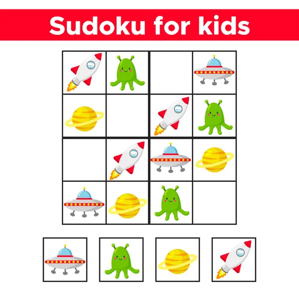 Sudoku Para Niños Lindos Objetos Espaciales Dibujos Animados Cohetes Alienígenas — Vector de stock