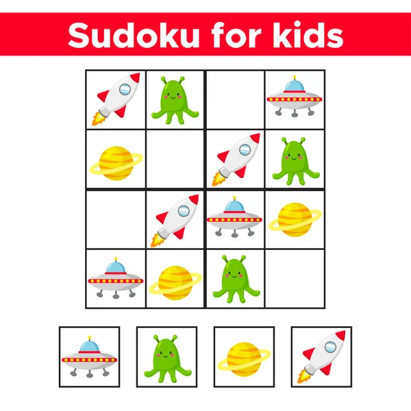 Çocuklar için sudoku. Tatlı çizgi film uzay nesneleri, roket, uzaylı, Ufo ve satürasyon. Eğitim oyunu. Vektör illüstrasyonu.