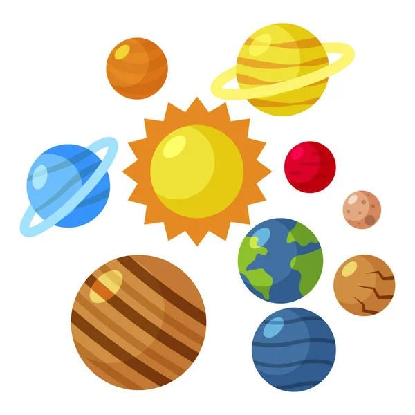Плоская солнечная система, Солнце, Марс, ртуть, Земля, Венера, Юпитер, Сатурн, Уранус, Нептун. Вселенная для детей. Изолированный на белом фоне. Векторная иллюстрация . — стоковый вектор