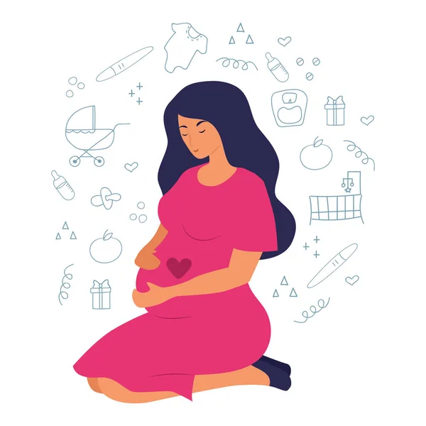Flat cartoon pregnant woman with heart. Hand drawn doodle pregnancy and baby care objects. Vector illustration. — Stock Vector