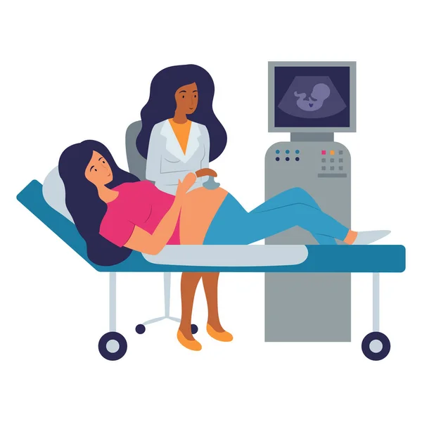 Medicine concept with doctor and young pregnant woman. The doctor checks the child with ultrasonography. Flat style vector illustration.