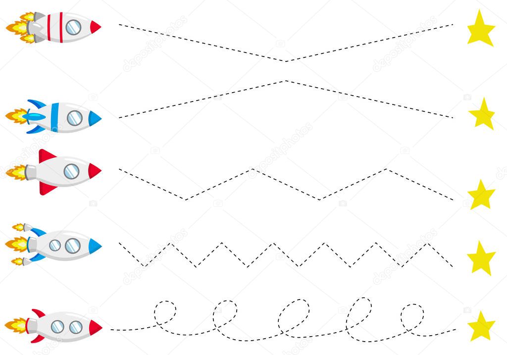 Trace line worksheet for kids, practicing fine motor skills. Help rocket fly to the stars. Educational game for preschool kids. Vector illustration.