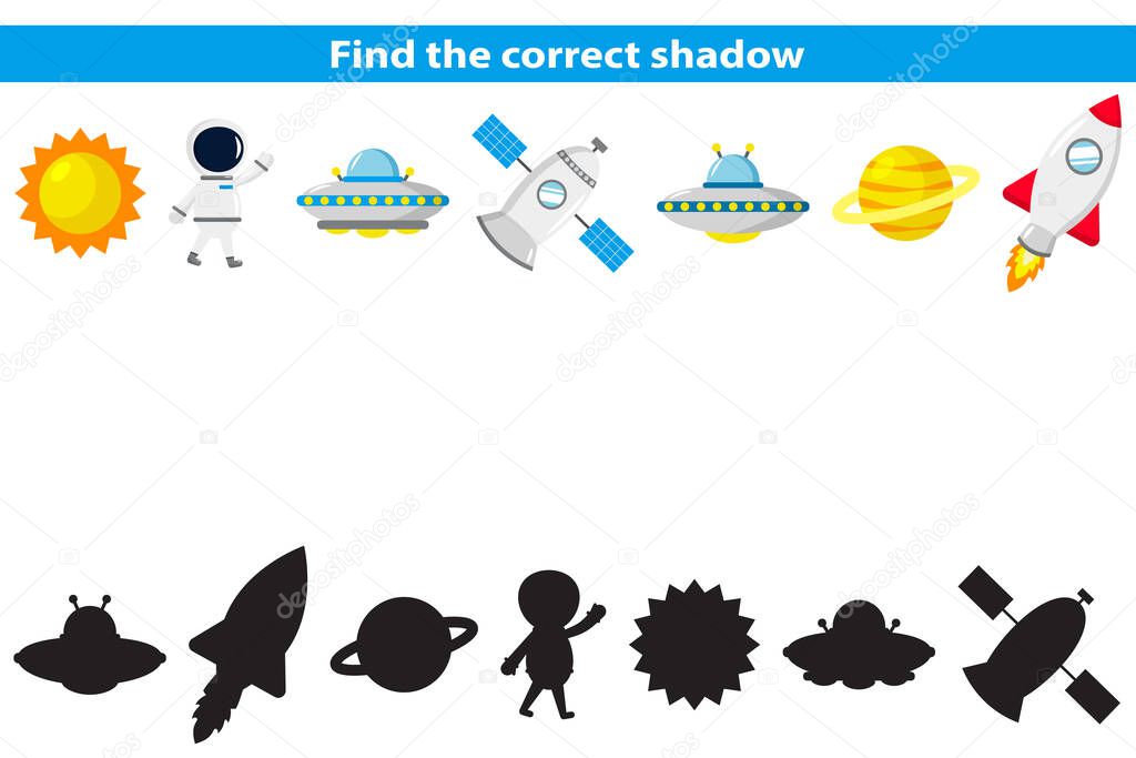 Educational game for children. Find the correct shadow. Cute cartoon astronaut, rocket, UFO, planets and satellite. Shadow matching game. Vector illustration.