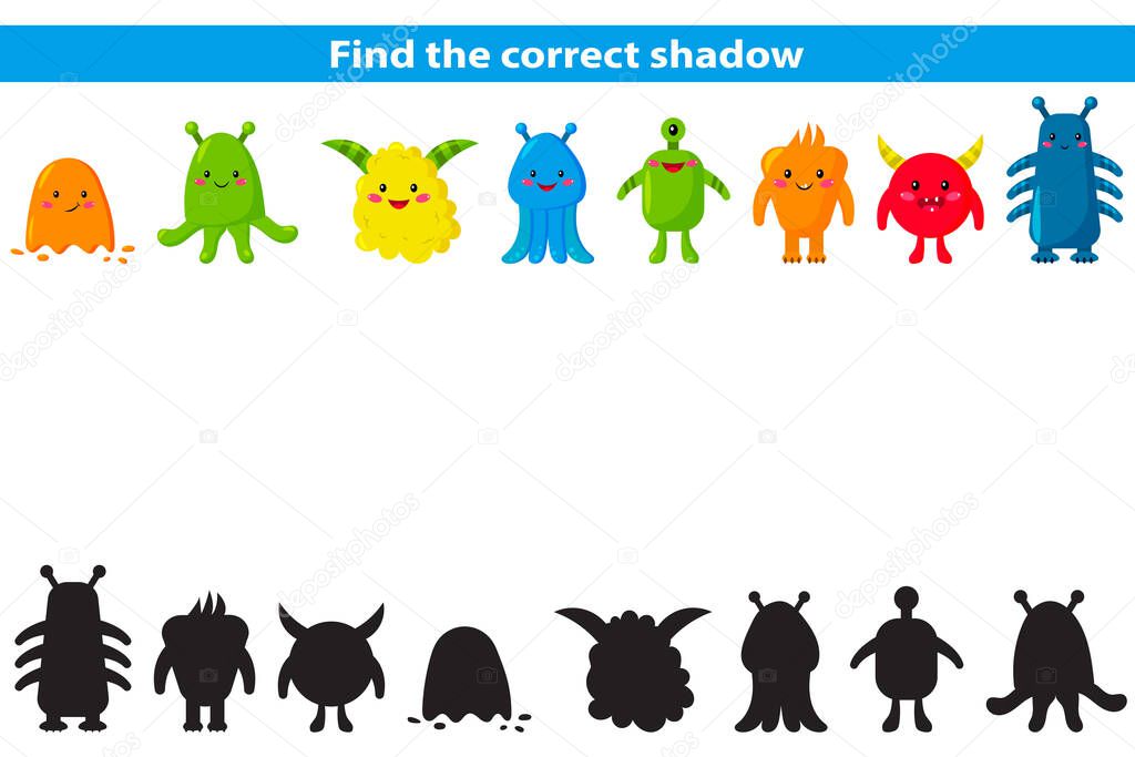 Educational game for children. Find the correct shadow. Cute cartoon aliens. Shadow matching game. Vector illustration.