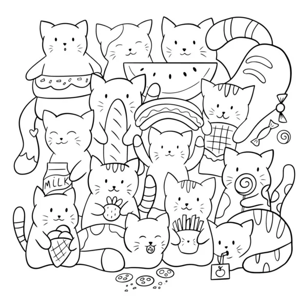 doodle antistress para colorir com gato no copo. flores abstratas, frutas e  doces. gatinho kawaii dos desenhos animados. delinear a ilustração em vetor  preto e branco. hora do chá. livro de colorir