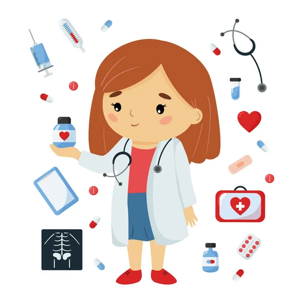 Girl Doctor Medicine Objects Cute Kawaii Character Healthcare Illustration Children — Stock Vector