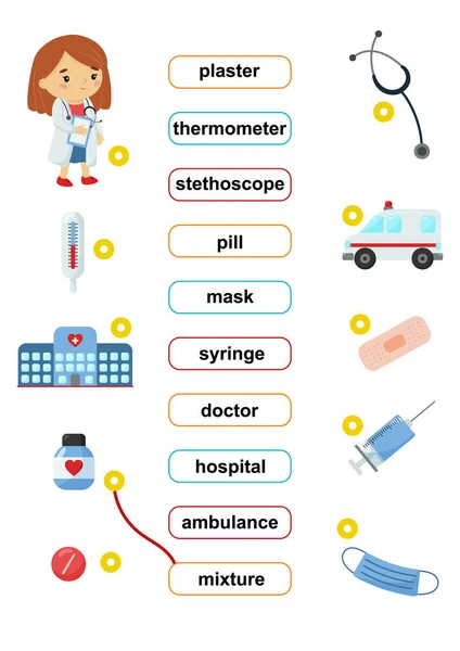 Palabra Partido Juego Educativo Aprende Vocabulario Inglés Medicina Salud Lindo — Archivo Imágenes Vectoriales