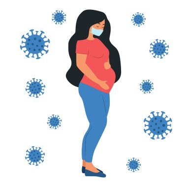 Tıbbi maskeli hamile bir kadın. Virüs koruması. Yeni Coronavirus, Covid 19. Evde kal. Düz biçim vektör illüstrasyonu.