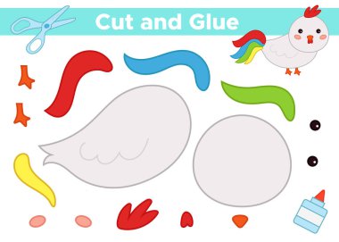 Anaokulu çocukları için eğitici kağıt oyunları. Tavuk yaratmak için makas ve yapıştırıcı kullan. Paskalya teması. Şirin kawaii karakteri.