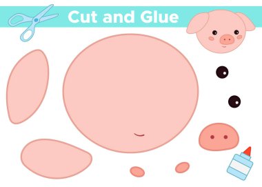 Makas ve yapıştırıcı kullanarak komik bir kawaii domuzu yap. Çiftlik hayvanlarını öğren. Anaokulu çocukları için eğitici kağıt oyunu.