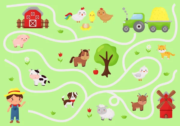 Educatieve doolhof spel voor kleuters. Leuke cartoon kawaii boerderijdieren. Help de boer de juiste weg naar zijn tractor te vinden. — Stockvector