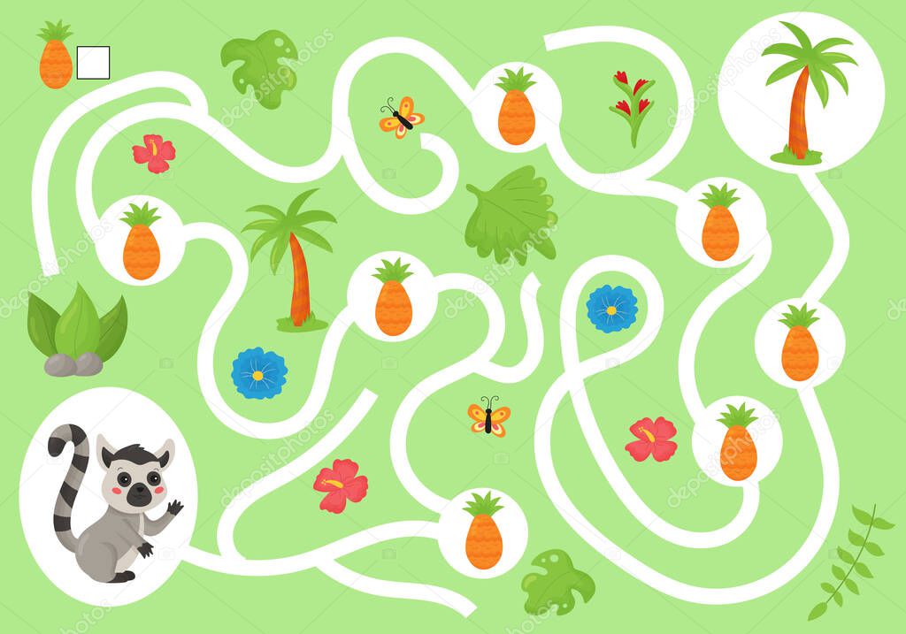 Educational maze game for preschool children. Help the lemur collect all pineapples. Cute kawaii jungle animal. Count and write.