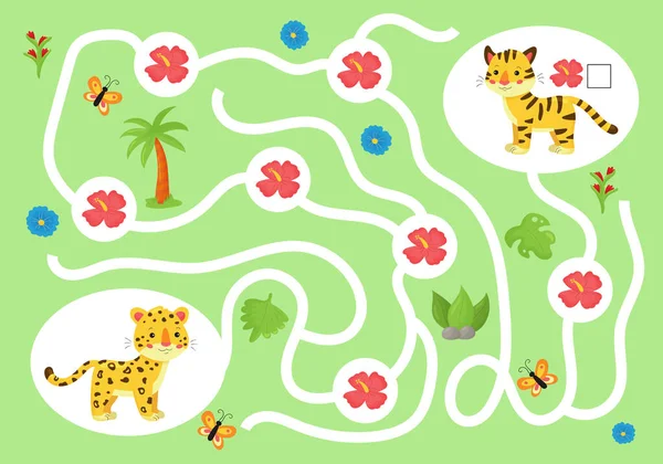 Juego de laberinto educativo para niños en edad preescolar. Ayuda al guepardo a recoger todas las flores tropicales para su amigo tigre. Lindos animales de la selva kawaii. Cuenta y escribe . — Vector de stock