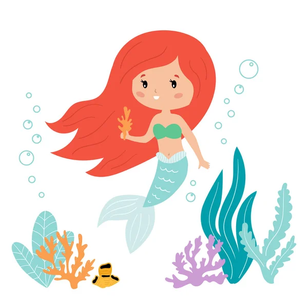 Niedliche Kawaii Karikatur Meerjungfrau mit Algen und Korallen. Vektorillustration für Kinderbücher und Grußkarten. — Stockvektor