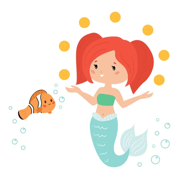 Lindo kawaii sirena malabares bolas. Ilustración vectorial con peces payaso de dibujos animados. Para niños reserva y tarjeta de felicitación . — Vector de stock