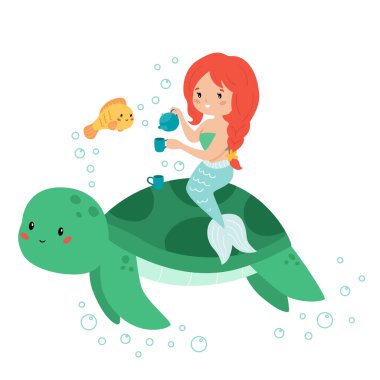 Çay fincanı olan tatlı kawaii deniz kızı. Vektör karikatür balığı ve kaplumbağa. Çay zamanı. Çocuk kitabı veya tebrik kartı için illüstrasyon.
