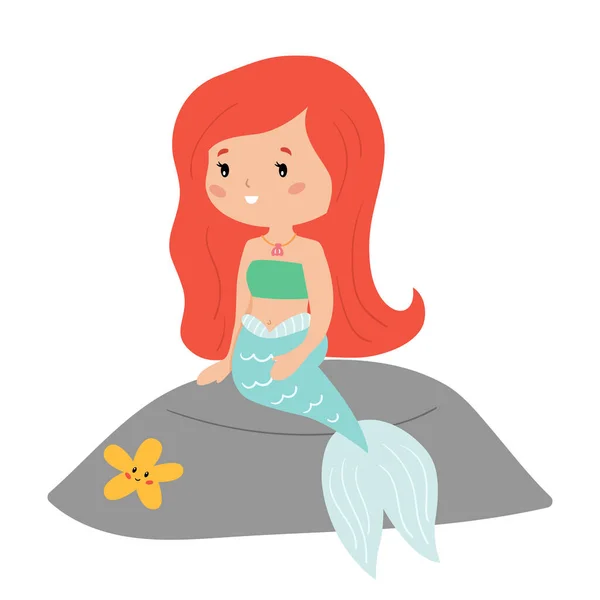 Linda sirena de dibujos animados está sentado en la roca. Aislado sobre fondo blanco. Personaje kawaii vectorial para niños libro o tarjeta de felicitación . — Vector de stock