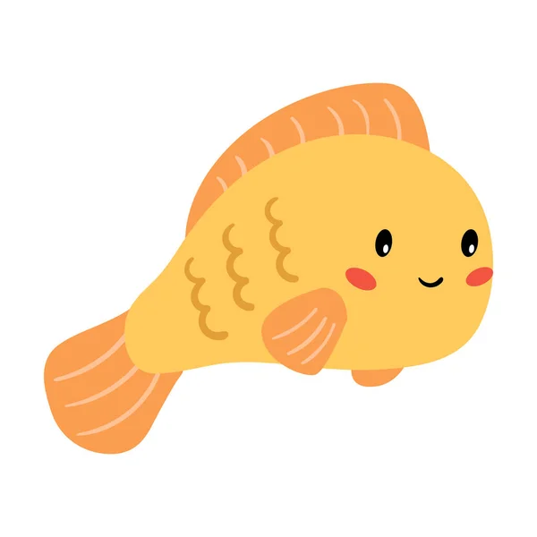 Netter Vektor goldener Fisch isoliert auf weißem Hintergrund. Kawaii Zeichentrickfigur für Kinder. — Stockvektor