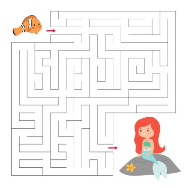 Anaokulu çocukları için labirent oyunu. Palyaço balığının arkadaşı denizkızına ulaşmasına yardım et. Vektör çizgi film kawaii karakterleri.
